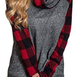 Womens Turtleneck Cowl Neck Tops Plaid Patchwork Shirt